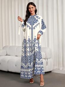 Women's Spring/Summer New A-Line Maxi Dress – Long-Sleeve, Loose Fit, Lantern Sleeves, Tie-Dye Print Neckline, Perfect For New Year, Holidays, Vacation & Daily Wear