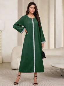 Women's Red Round Neck Arabic Robe, Dignified Long Robe - Dark Green - View 4