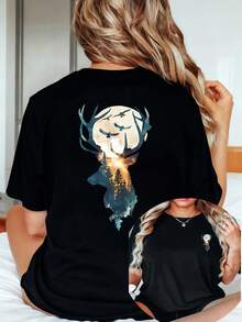 Women's Deer Forest Sun & Birds Print T-Shirt - Front & Back Double-Sided Deer Pattern, Short Sleeve Round Neck Casual Summer Blouse With Animal Design, Machine Washable For All-Season Wear - Stylish Outdoor & Everyday Top, Perfect Birthday Christmas Mother's Day Gift Size - trắng - Xem 7