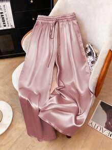 1 pieza Pantalones con cintura de cordón de tela tejida de unicolor, adecuados para vacaciones, regreso a la escuela, fiestas, aeropuerto, escenario y conciertos, otoño/invierno con acabado - Rosa Pálido - Ver 5