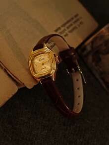 1 PC New Ultra-Thin French Retro Women's Watch With Gold Dial & Soft Brown Leather Strap - Petite, Water-Resistant, Minimalist Elegance For Daily, Party, Vacation Wear And Gift Giving