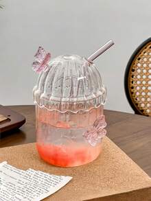 1 Stück Glas Schmetterlingstasse, rosa Schmetterling Frühstückstasse für Milch und Kaffee, transparente vertikal gestreifte niedliche Glastasse, für den Heimgebrauch Eiskaffee Americano Latte Tasse - Verschiedenfarbig - Übersicht 6