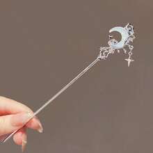 1pc Moonstone Star Hair Clip, Modern Chinese Style, Elegant Moon Hair Accessory, Unique Hair Ornament - Silver - View 6