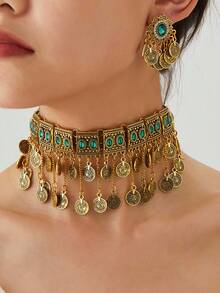 波西米亚风绿松石合金硬币流苏项链，复古夸张项链耳环套装，适合宴会、派对、节日等场合佩戴 - 錢幣款 - 查看 5