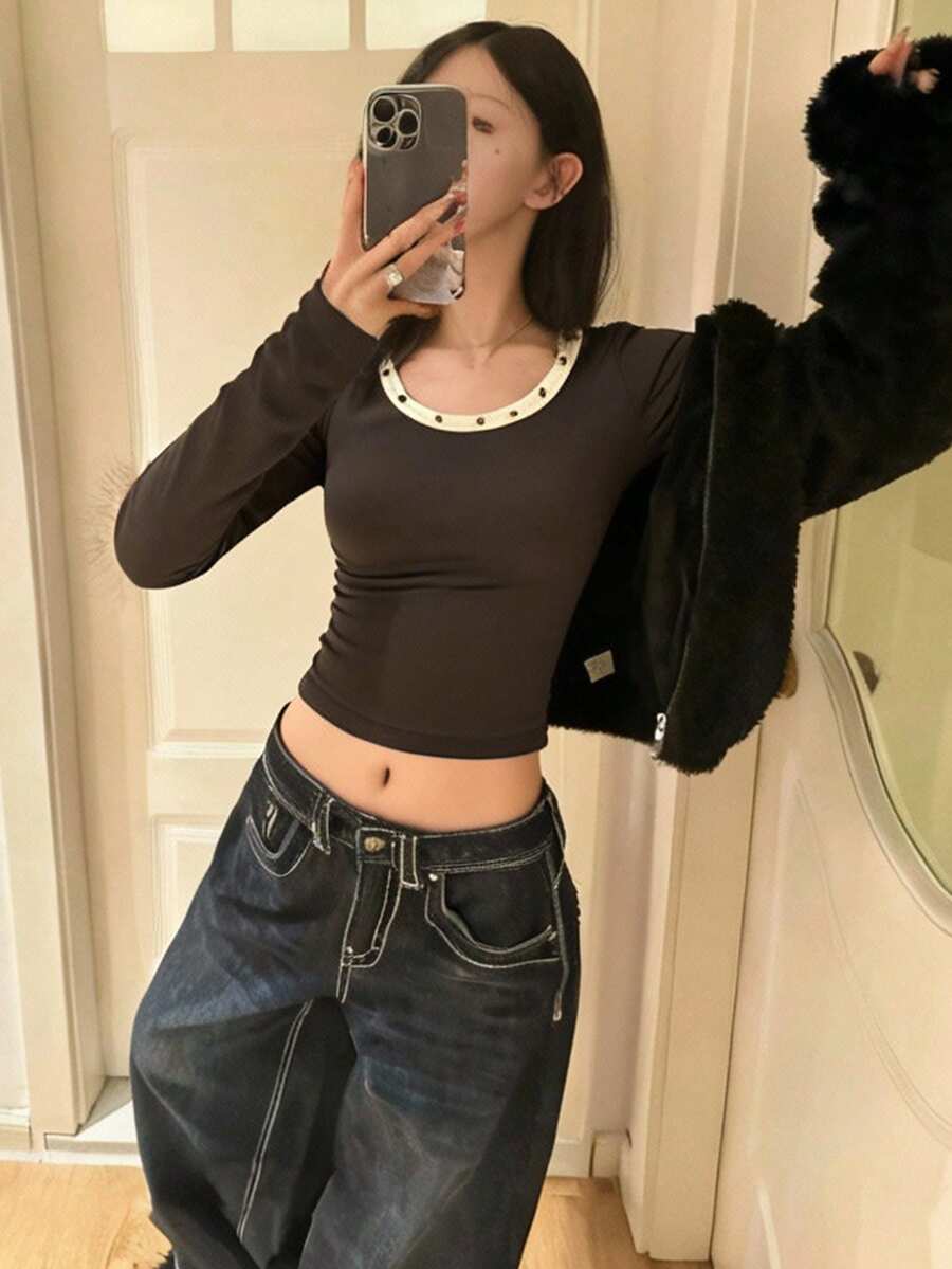 2025 Autumn European & American Style Women Long Sleeve T-Shirt With Ruched Design, Casual Crew Neck Undershirt - 335 Coffee Milk Tea - View 1