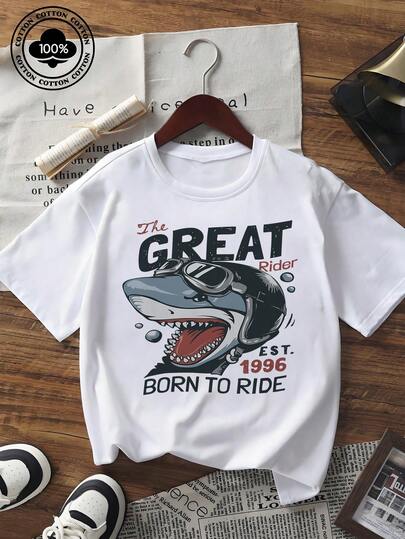 Women's Short Sleeve Graphic T-Shirt Vintage Shark Print "The Great Rider 1996 Born To Ride" Casual Crew Neck Tee Top For Summer Streetwear Fashion