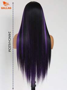 200% Density 24" 13X4 HD Lace Front Wig - Hand-Tied Black Silky Straight With Purple Highlights, Glueless Heat Resistant Synthetic - Purple Highlight - View 2