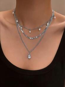 1pc Delicate & Simple Faux Pearl Drop Pendant Multi-Layer Necklace, Suitable For Daily Wear For Women