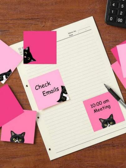 300/450 PCS Adorable Black Cat Sticky Notes Variety Pack | Super Adhesive Pink Memo Pads For Back To School, Cat Lovers, Teachers & Students - Square Paper Material