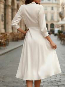 Women's New Solid Color Collared V-Neck Pleated Mid-Sleeve Cinched Waist Fitted Smooth Elegant Minimalist Casual Business Mid-Length Dress, Suitable For Spring, Summer, Autumn And Winter - Apricot - View 3