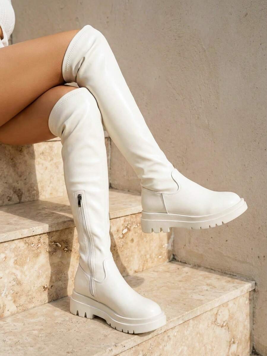 planare 秋冬新款白色及膝女靴，经典优雅的侧拉链设计，个性化的礼物，适合婚礼派对、假日旅行、节日，穿着舒适，时尚靴子