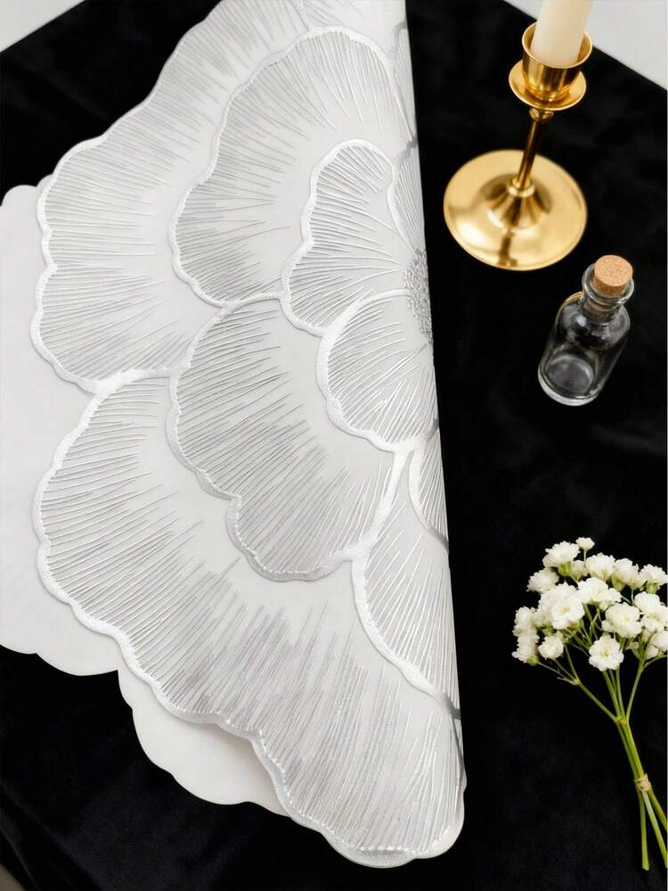 1 Stück/4 Stücke/6 Stücke/8 Stücke Set silberne, einfache PVC wasserdichte Blumen Tischsets, leicht zu reinigen, waschbar, abwischbar, rutschfest, hitzebeständig, geeignet für Raumdekoration, Esszimmerdekoration, Heimdekoration, passend für Feiertage, Geburtstage, Partys, Hochzeiten und Abendessen - Silber - Übersicht 5