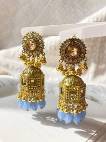 Elegant Vintage Exotic Style Earrings, Golden Bell Pendant, Hollow Pendant Design, Inlaid Crystal, Suitable For Women's Daily Wear - Jhumka - View 8