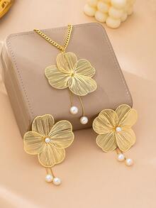 一套优雅镂空3D花卉女士首饰套装，派对礼物 - 金黃色 - 查看 2