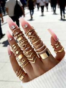 30Pcs Women's Gold-Plated Stackable Rings Set - Infinity Heart Chain CZ Decor Textured Daily Party Fashion Jewelry - Geometry 30 Pieces - View 1