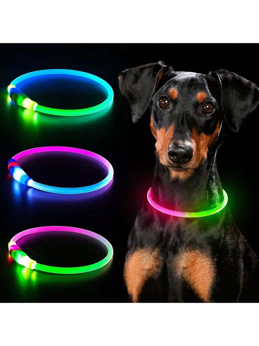 USB充电式LED狗项圈，可调节尺寸双色发光宠物项圈，LED猫项圈
