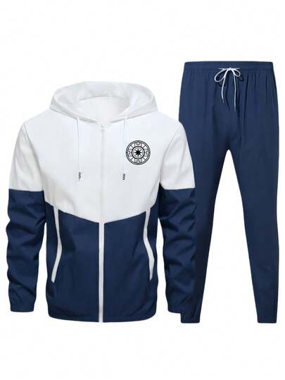 Men's 2 Pieces Color Block Tracksuit, Graphic Print Hooded Jacket & Pants Set