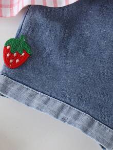 2pcs Girls Toddler Casual Strawberry Plaid Top + Blue Denim Shorts Set, Summer Vacation Outfit - Pink - View 8