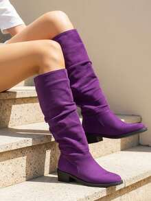 planare 女士时尚休闲褶皱尖头套脚麂皮机车靴，粗跟，西部靴，秋冬鞋，派对鞋 - 紫色 - 查看 3