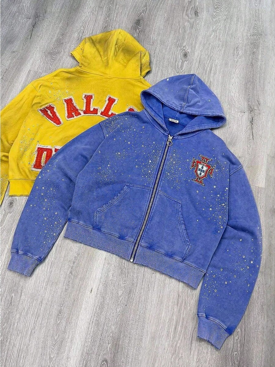 Men's Zip-Up Hoodie Casual Streetwear Sweatshirt With Valley Dreams Embroidered Logo Print And Rhinestone Detail - Màu xanh lam - Xem 1