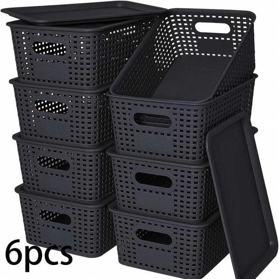 6pcs Paniers de Rangement Empilables avec Couvercles - Paniers Organisateurs Gris Résistants pour la Maison, le Bureau et la Salle de Classe - Cubes Multi-usages, 26x18.5x10.5 Cm, Organisation Maison| Solution de stockage élégante - Noir - Voir 1