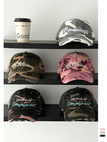 1pc Soft Crown Camo Star Embroidered Baseball Cap, Unisex Street Fashion Large Circumference Sun Hat, Distressed Denim Camo Snapback Cap, Vintage American Style Embroidered Soft Top Baseball Hat For Men & Women