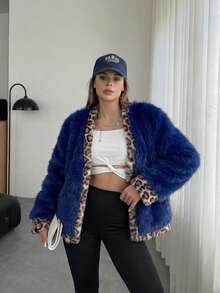 Women's Luxury Royal Blue Faux Fur Jacket Elegant Leopard Print Lining Fluffy Fuzzy Coat, Thick Warm Winter Outerwear For Carnaval Party Night Out Streetwear Chic Mob Wife Aesthetic Old Money Bontjas Fashion Panterprint - Royal Blue - View 9