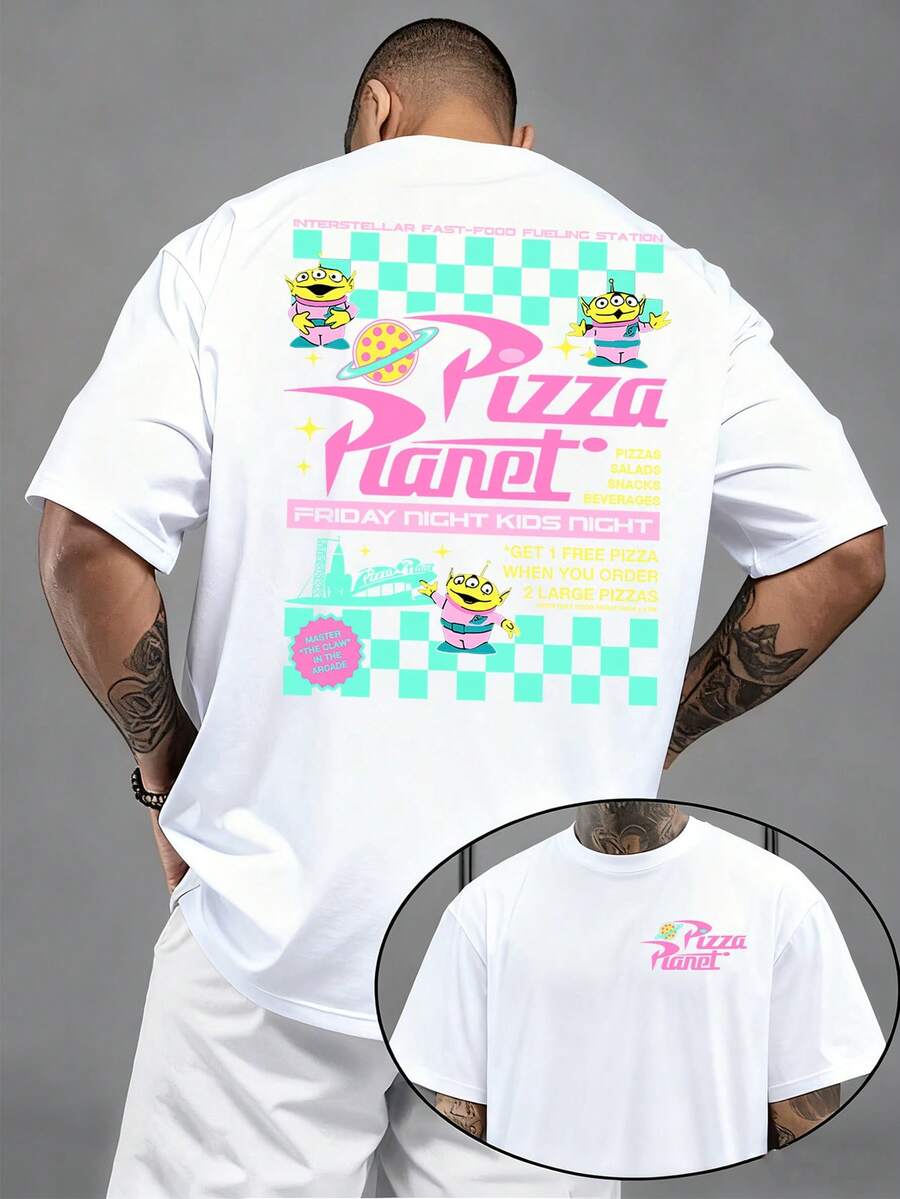 (Officially Authorized) 1 Disney Men's T-Shirt, Disney Toy Story Alien Pink Pizza Planet Pattern Men's Short-Sleeved T-Shirt, Round Neck Casual And Comfortable T-Shirt, Breathable And Light, Suitable For Sports And Leisure Wear, Spring And Summer T-Shirt, Suitable For Gifts, Suitable For Travel And Daily Wear. - 白色 - 查看 1