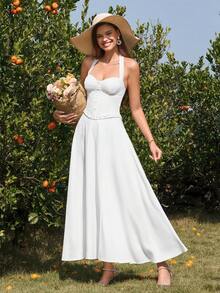 PARTHEA 优雅的无袖甜心领A字长裙，饰有荷叶边和纽扣前襟，完美打造复古或休闲造型，同时又不失露背设计。 - 白色 - 查看 7