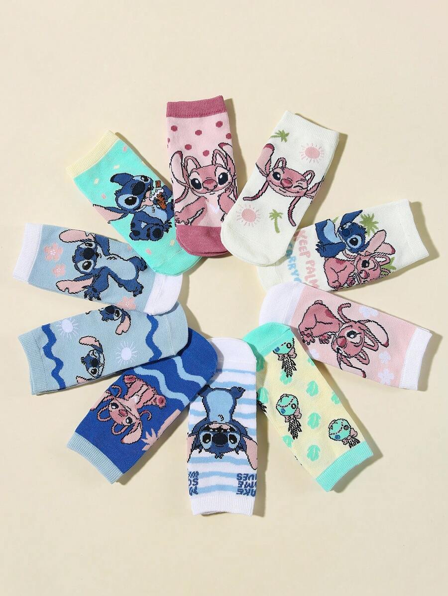 Disney 1/5/10双装迪士尼儿童/女孩春夏卡通短袜/踝袜，可爱顽皮吃冰淇淋史迪奇/顽皮天使图案装饰，时尚个性柔软透气吸汗运动袜，休闲蕾丝袜，适合学生日常穿着、节日礼物、户外旅行、返校季，颜色和款式随机。 - 彩色 - 查看 1