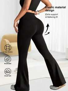 Women's Solid Color Casual Yoga Flare Pants, High Elasticity Running Fitness Quick-Dry Pants, Sports Wear High Waist  Fit Wide Leg Pants, Suitable For Gym Workout,  Elastic &Amp; Comfortable, Suitable For All Seasons Exercise, Yoga And Casual Wear - 黑色 - 查看 4