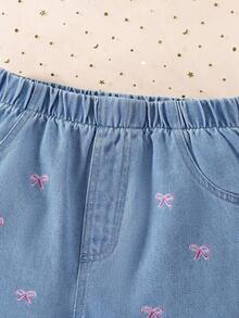 1件 女童时尚日常刺绣粉色蝴蝶结牛仔短裤 - 淺色水洗藍 - 查看 3