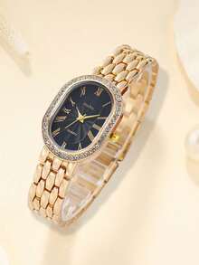 4pcs/Set Women's Elegant Quartz Wristwatch With Steel Strap, Compact Dial With Roman Numeric Scale, Plus Bracelet, No Watch Box Included