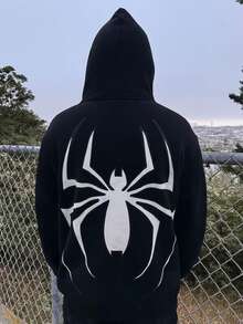 Spider Kangaroo Print Hoodie, Streetwear Tracksuit, Long Sleeve Fleece Jacket - màu đen - Xem 1