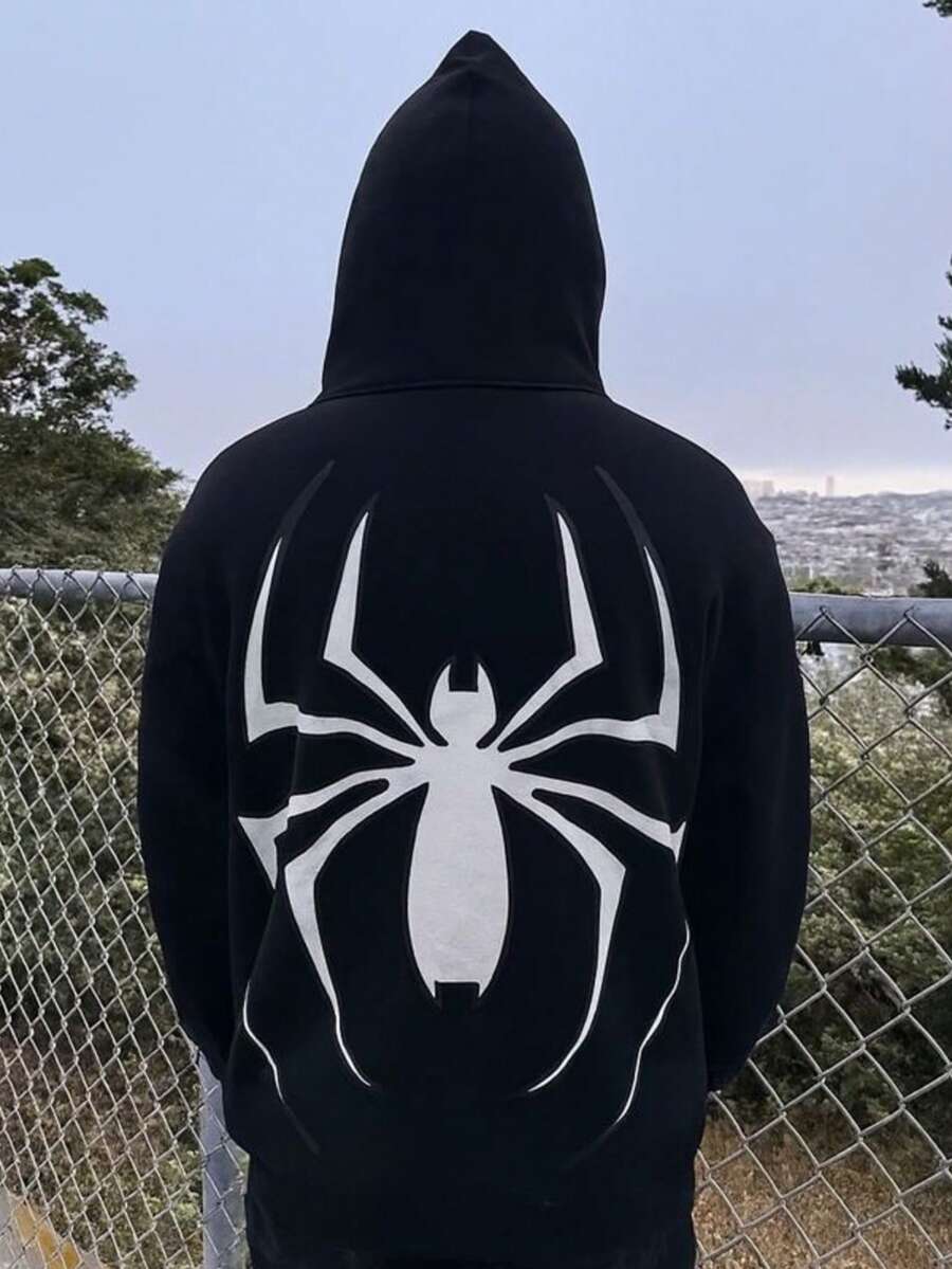 Spider Kangaroo Print Hoodie, Streetwear Tracksuit, Long Sleeve Fleece Jacket - màu đen - Xem 1