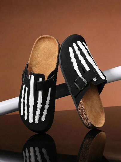 2026 New Men's  And Cool Bone Texture Closed-Toe Sandals, Black Soft Sole With Buckle Strap, Unique Casual Sandals, Suitable For Spring And Summer Indoor And Outdoor Wear,  And Stylish Men's Shoes, Perfect For Everyday Outings, Relaxing At Home, Beach Trips