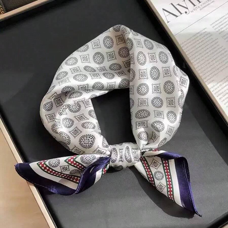 1pc 70*70cm Square Silk Scarf, Women's Satin Printed Headscarf, Fashion Ladies Neckerchief, Shawl, Scarf - Black and Gray - View 1