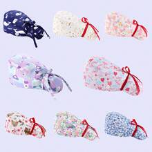 1pc Long Hair Nurse Cap, Women's Surgical Cap, Printed Work Hat With Sweatband, Elastic, Non-Slip Button, Red Ribbon Bow Design, Suitable For Nurses, Beauticians, Dentists, Veterinarians, Suitable For Work, Sports, Office, Home, All Seasons - Multicolor - View 1