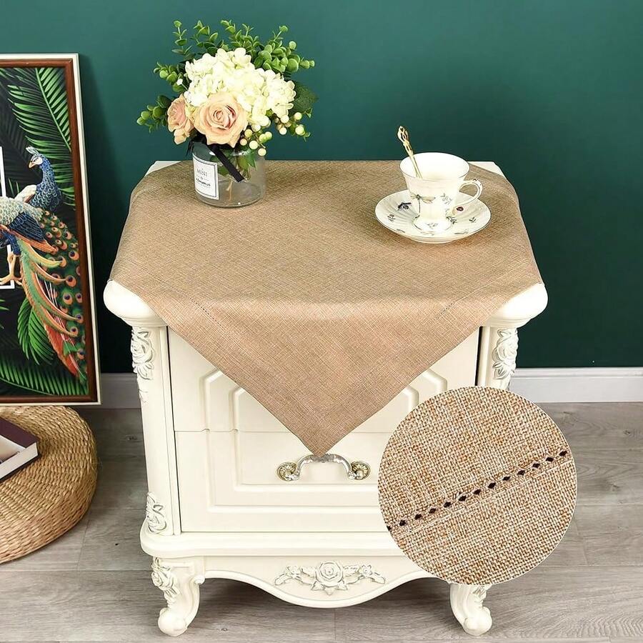 Farmhouse Small Square Hemstitch Border Tablecloth Neutral Faux Linen Table Cloth Rustic End Table Cover For Dining Kitchen Party Holiday Home (Flaxen, 24x24 Inch) - 亞麻 - 查看 1
