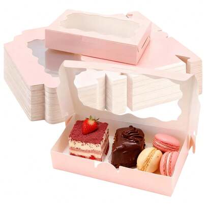 Bộ 12 hộp bánh quy màu hồng kích thước 7x4.3x1.6 inch có cửa sổ trong suốt, hộp bánh quy nhỏ, hộp đựng bánh nướng, hộp trưng bày món tráng miệng đám cưới, thích hợp đựng bánh ngọt, bánh rán, bánh nướng, kẹo, bánh macaron, kẹo sô cô la truffle, v.v.
