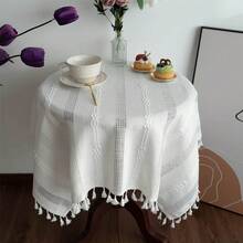 Gernaice Rustic Stripe Embroidered Tablecloth Heavy Small Square Tassel Cotton Linen Table Cloth Wrinkle Free Washable Table Cover For End Bedside Coffee Teapoy Table Tea Trolley White 36x36 Inch - White - 查看 3