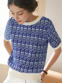Knit Mix Áo thun nữ dệt kim thời trang thanh lịch, cổ tròn, tay ngắn, họa tiết hoa Pháp, dáng rộng, kiểu dáng cơ bản cho mùa xuân/hè, họa tiết ngẫu nhiên, phù hợp cho mùa tựu trường xuân/hè, cũng thích hợp cho trang phục thường ngày dịp Giáng sinh, Lễ Tạ ơn và Năm mới. - Xanh và trắng - Xem 6