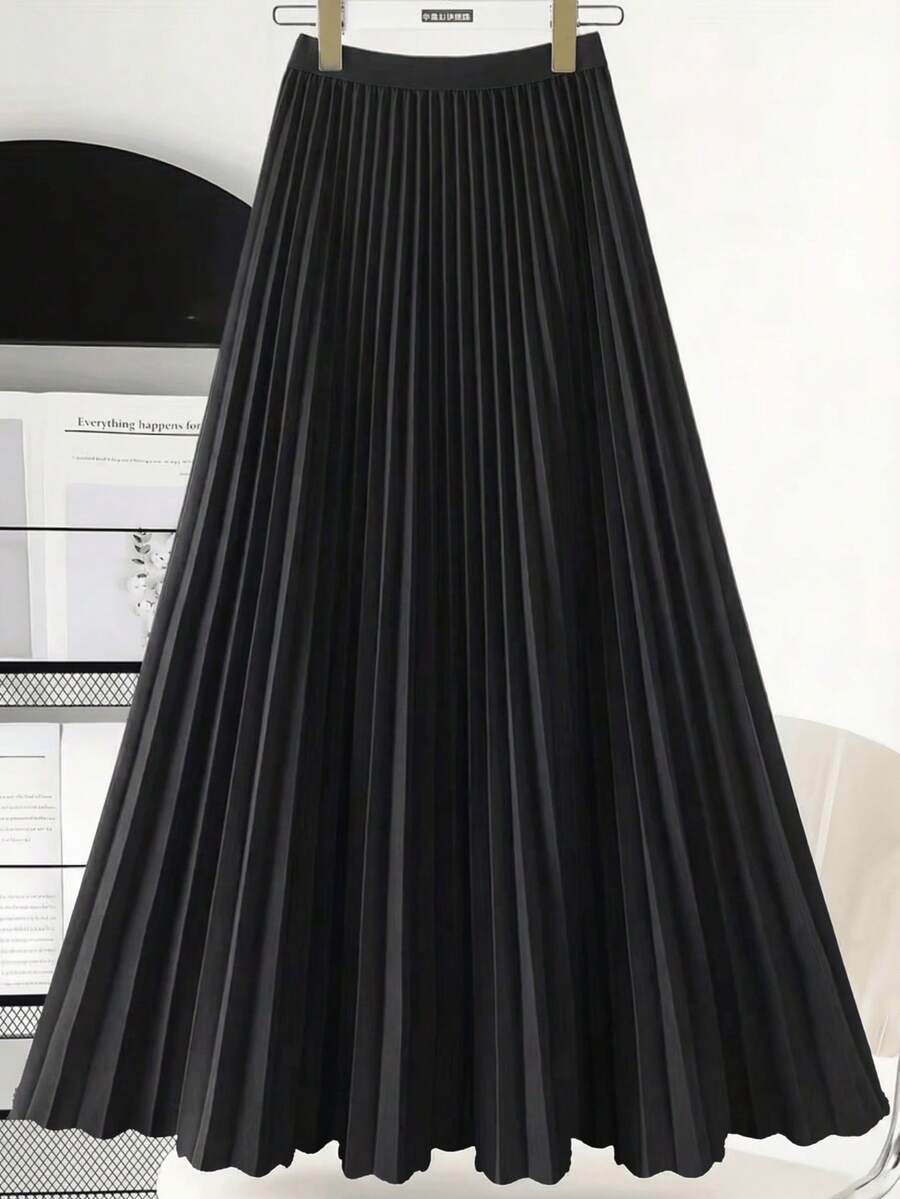 【3D褶皱弹力腰身设计】宽松飘逸的黑色雪纺半身裙，优雅百搭，适合春秋季工作、约会、正式场合及日常穿着。 - 黑色 - 查看 1