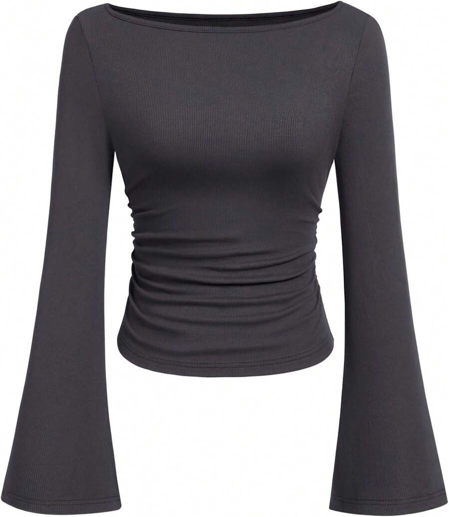 Womens Long Sleeve Shirts 2026 Spring Crop Going Out Tops Casual Boat Neck Sleeve Ribbed Ruched Y2K Clothes - 深灰色 - 查看 1