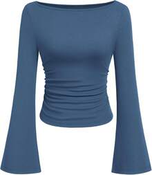 Womens Long Sleeve Shirts 2026 Spring Crop Going Out Tops Casual Boat Neck Sleeve Ribbed Ruched Y2K Clothes - Grey Blue - View 10
