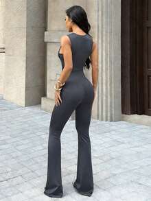 Women's V-Neck Lace Trim Jumpsuit, Commuter Outfit, Summer, Valentine's Day - Grey - View 3