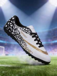 All-Season Sports Competition Football Shoes, For Teenagers And Students, Football Training Shoes, Football Match Shoes, Soft Spikes, Comfortable (Shoelaces In Black & White, Asymmetrical Camouflage Pattern On Uppers) - White - View 5