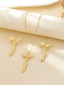 Juego de 2 piezas/3 piezas de joyería, nuevo conjunto de pulsera, anillo, collar y aretes de moda con diseño de pavo real y fénix para bodas, elegante y delicado juego de joyería de metal dorado/plateado ajustable para mujeres - Amarillo Oro - Ver 11