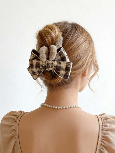 1pc Plush Bow Hair Clip, Bun Hairstyle Accessory, Large Hair Claw Headpiece For Autumn/Winter