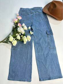 Y2K风格女式纯色直筒宽松休闲工装裤，春夏度假休闲裤，返校季长裤 - 中藍 - 查看 7